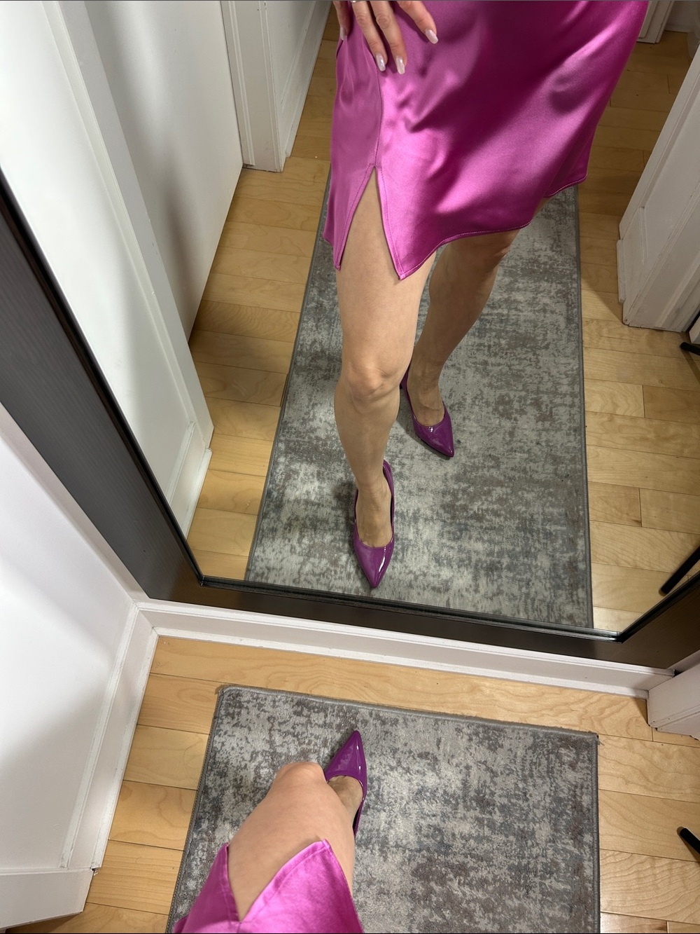 Dynamite Fuchsia Satin Slip Dress Cowl Neck Slit Mini Dress - Picture 3 of 5